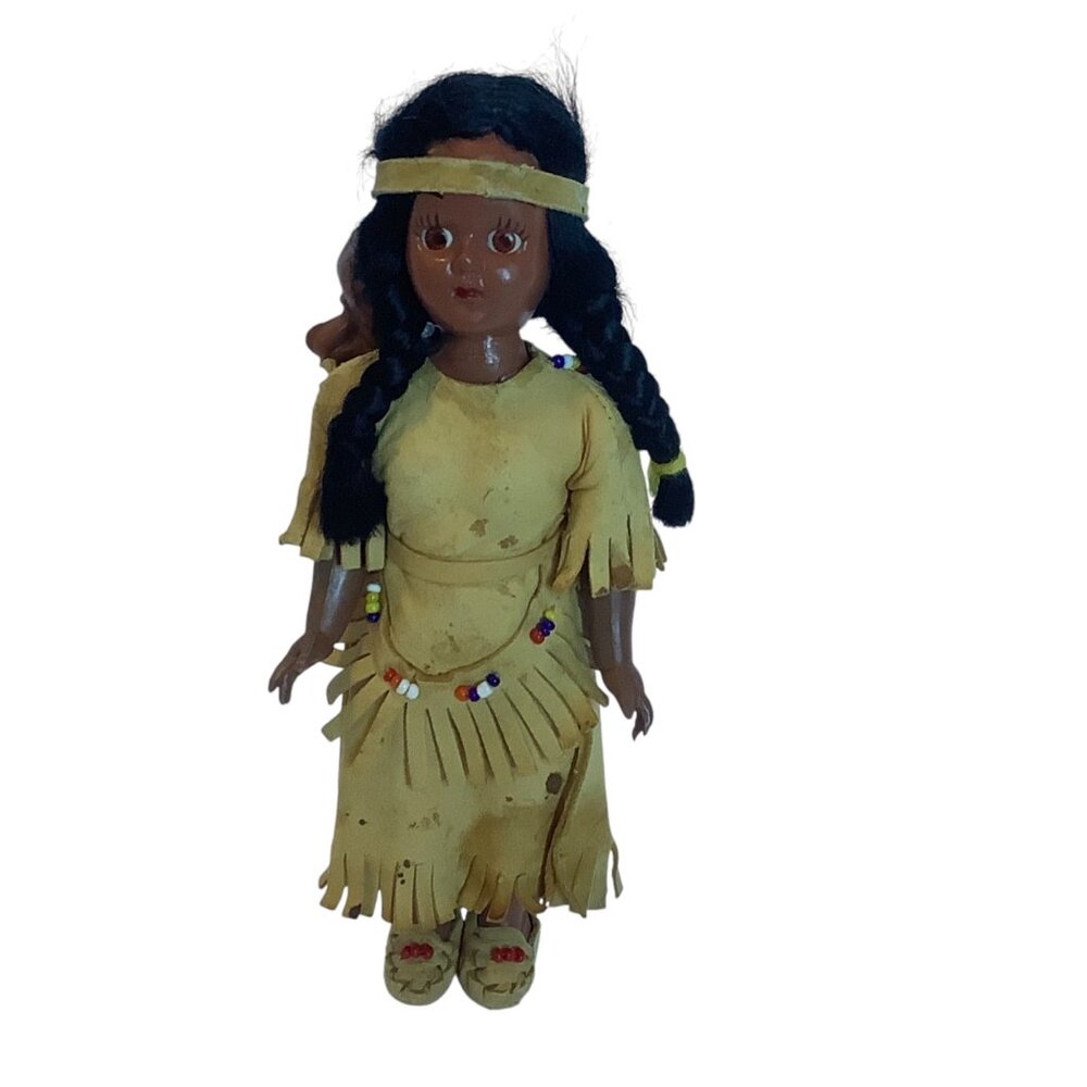 Vtg Native American Girl and Baby Doll  Braided‎ Hair Leather Dress 7.5” FLAWS